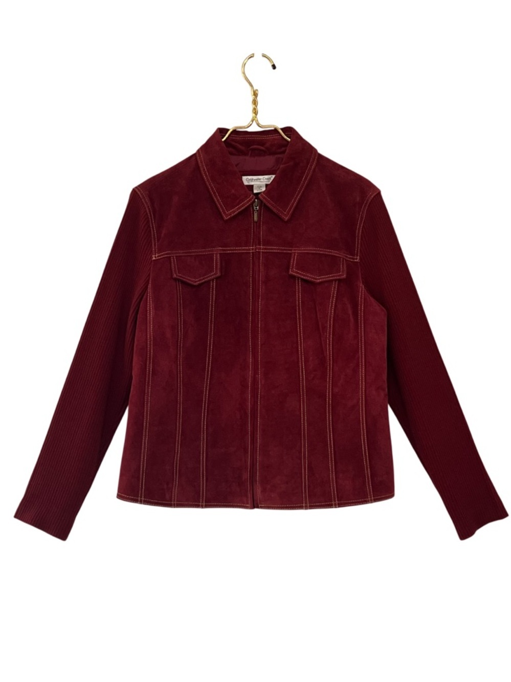 Coldwater Creek Burgundy Deep Red Leather Jacket Rib Knit Sleeve Mixed Media - Picture 2 of 9